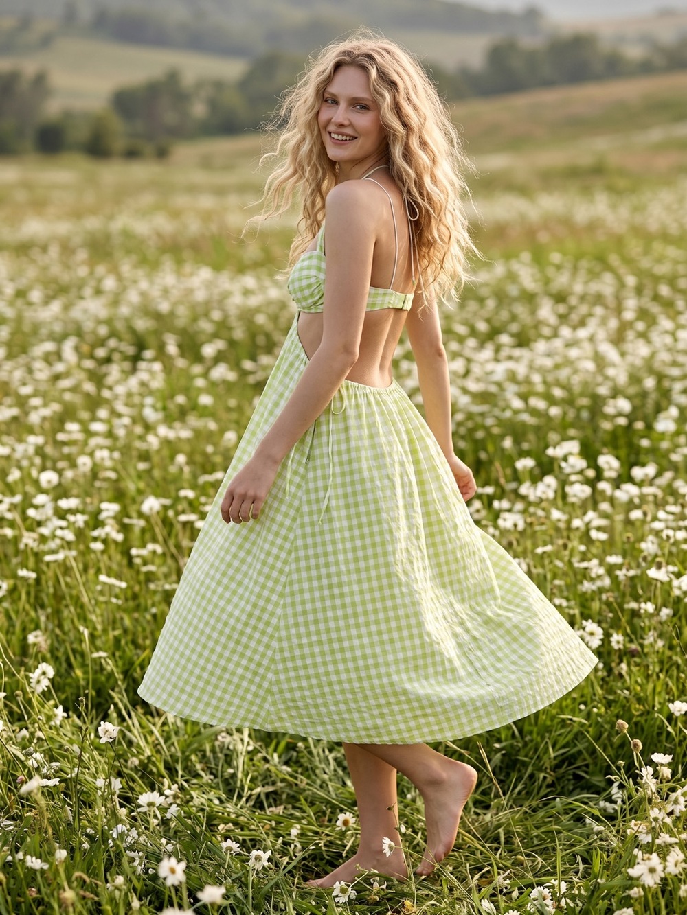For Love And Lemons Light Green Gingham Midi Dress